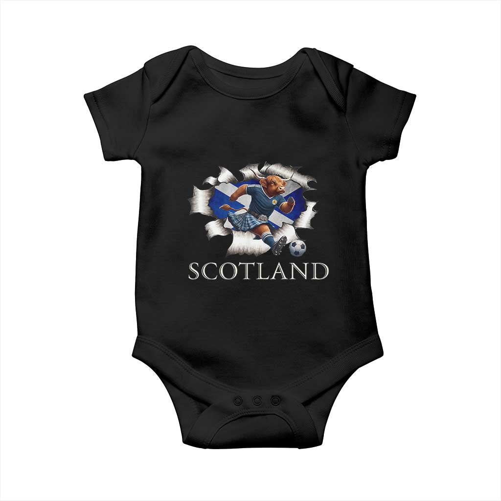 Funny Highland Cow in Kilt Footballer Baby Onesie We'll Be Coming Scottish Pride Football Fans TS02 Black Print Your Wear