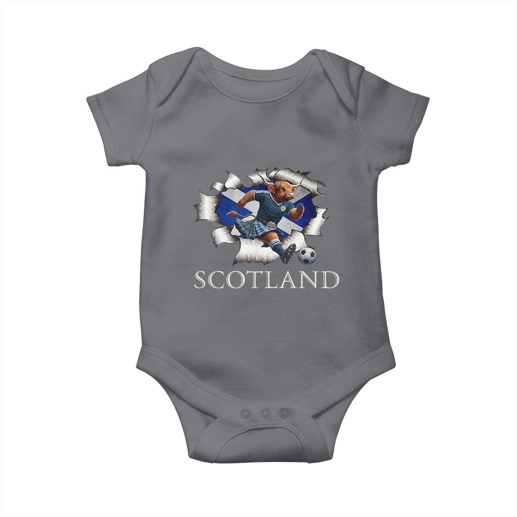 Funny Highland Cow in Kilt Footballer Baby Onesie We'll Be Coming Scottish Pride Football Fans TS02 Charcoal Print Your Wear