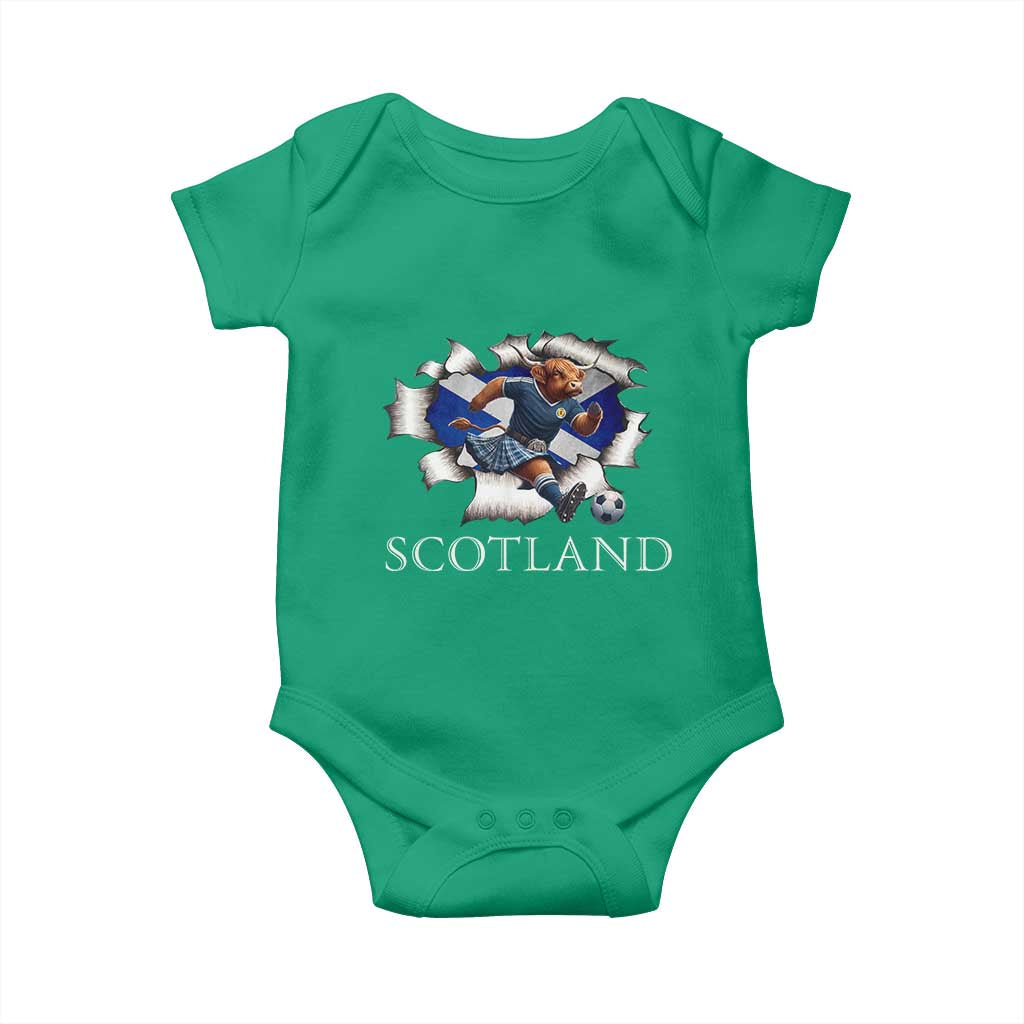 Funny Highland Cow in Kilt Footballer Baby Onesie We'll Be Coming Scottish Pride Football Fans TS02 Irish Green Print Your Wear
