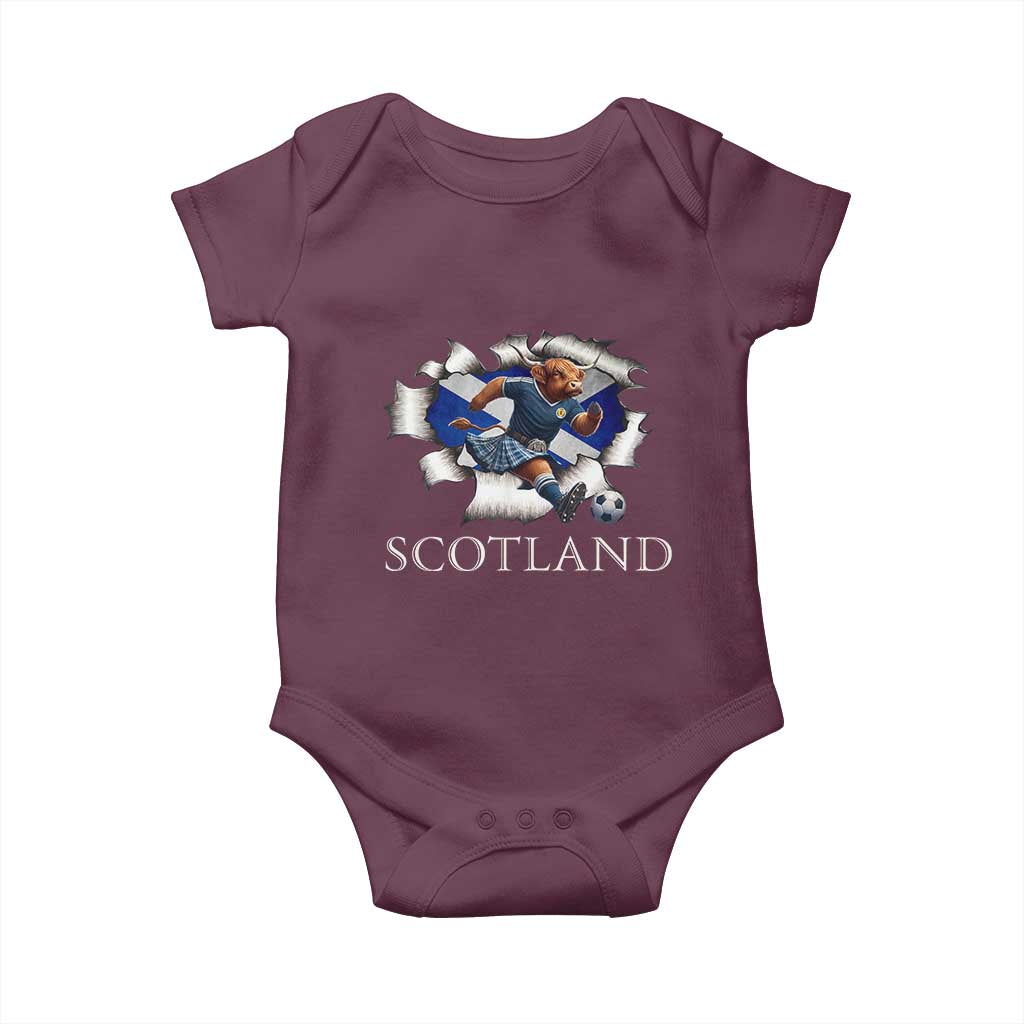 Funny Highland Cow in Kilt Footballer Baby Onesie We'll Be Coming Scottish Pride Football Fans TS02 Maroon Print Your Wear