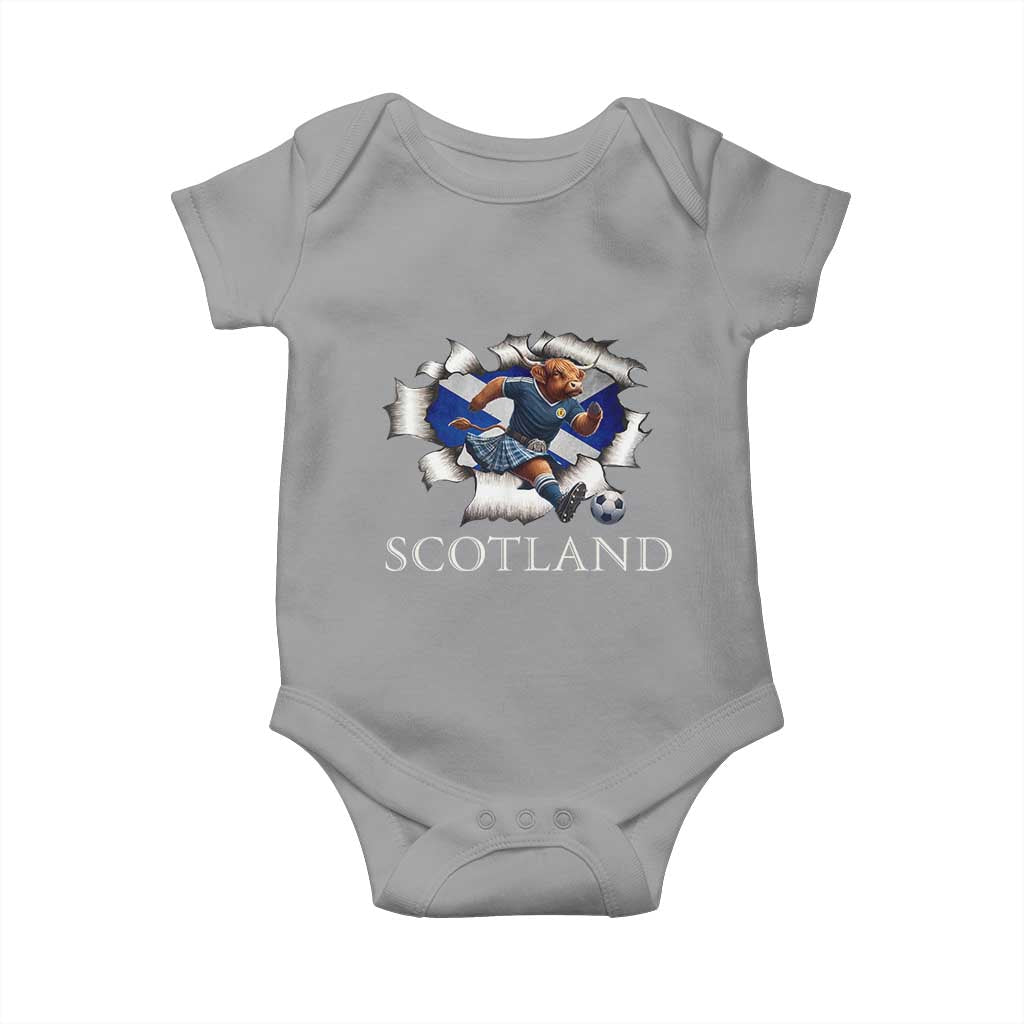 Funny Highland Cow in Kilt Footballer Baby Onesie We'll Be Coming Scottish Pride Football Fans TS02 Sport Gray Print Your Wear