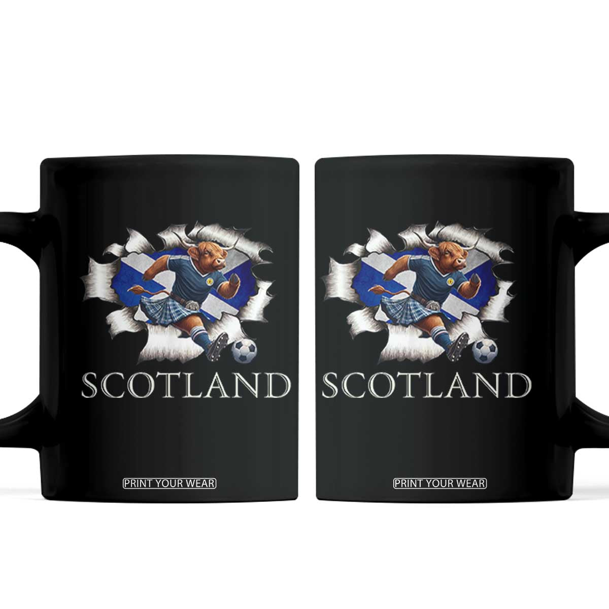 Funny Highland Cow in Kilt Footballer Coffee Mug We'll Be Coming Scottish Pride Football Fans TS02 Black Print Your Wear