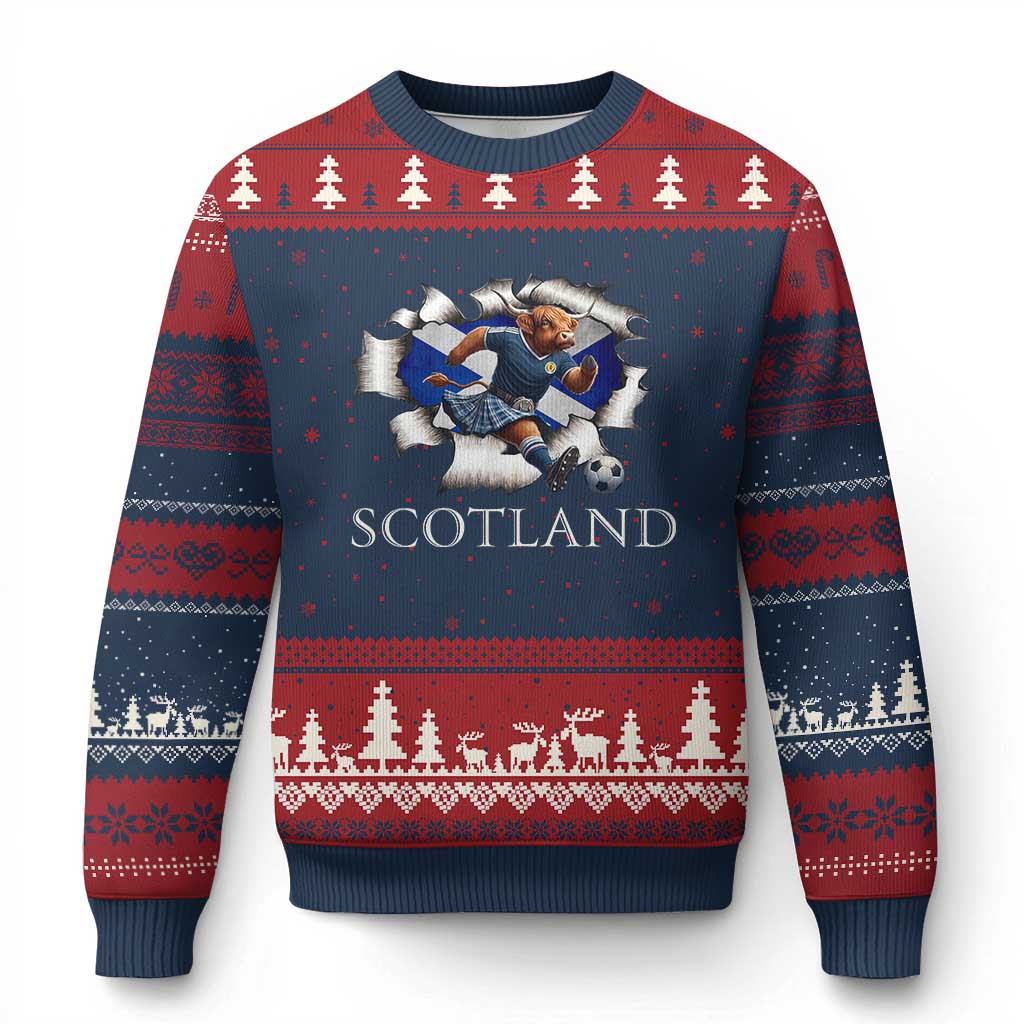 Funny Highland Cow in Kilt Footballer Ugly Christmas Sweater We'll Be Coming Scottish Pride Football Fans TS02 Navy Red Print Your Wear