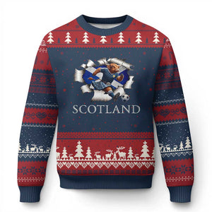 Funny Highland Cow in Kilt Footballer Ugly Christmas Sweater We'll Be Coming Scottish Pride Football Fans TS02 Navy Red Print Your Wear