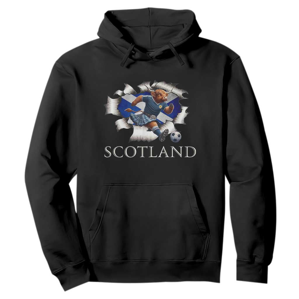 Funny Highland Cow in Kilt Footballer Hoodie We'll Be Coming Scottish Pride Football Fans TS02 Black Print Your Wear