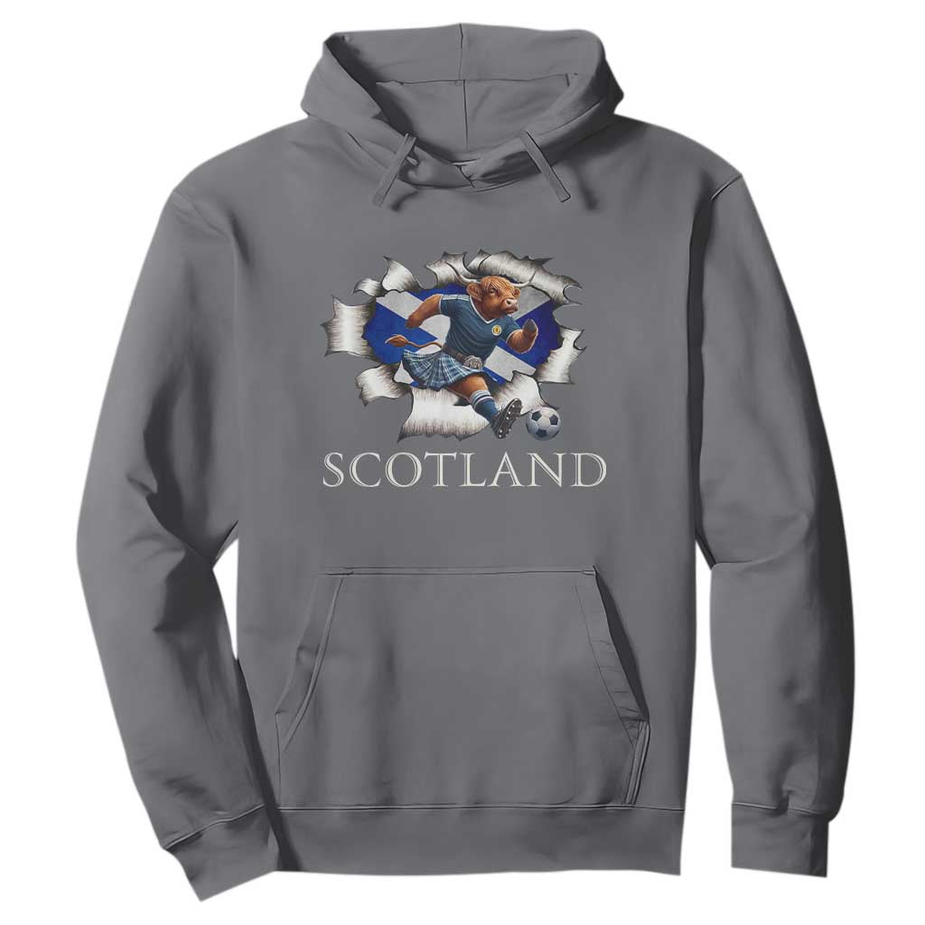 Funny Highland Cow in Kilt Footballer Hoodie We'll Be Coming Scottish Pride Football Fans TS02 Charcoal Print Your Wear