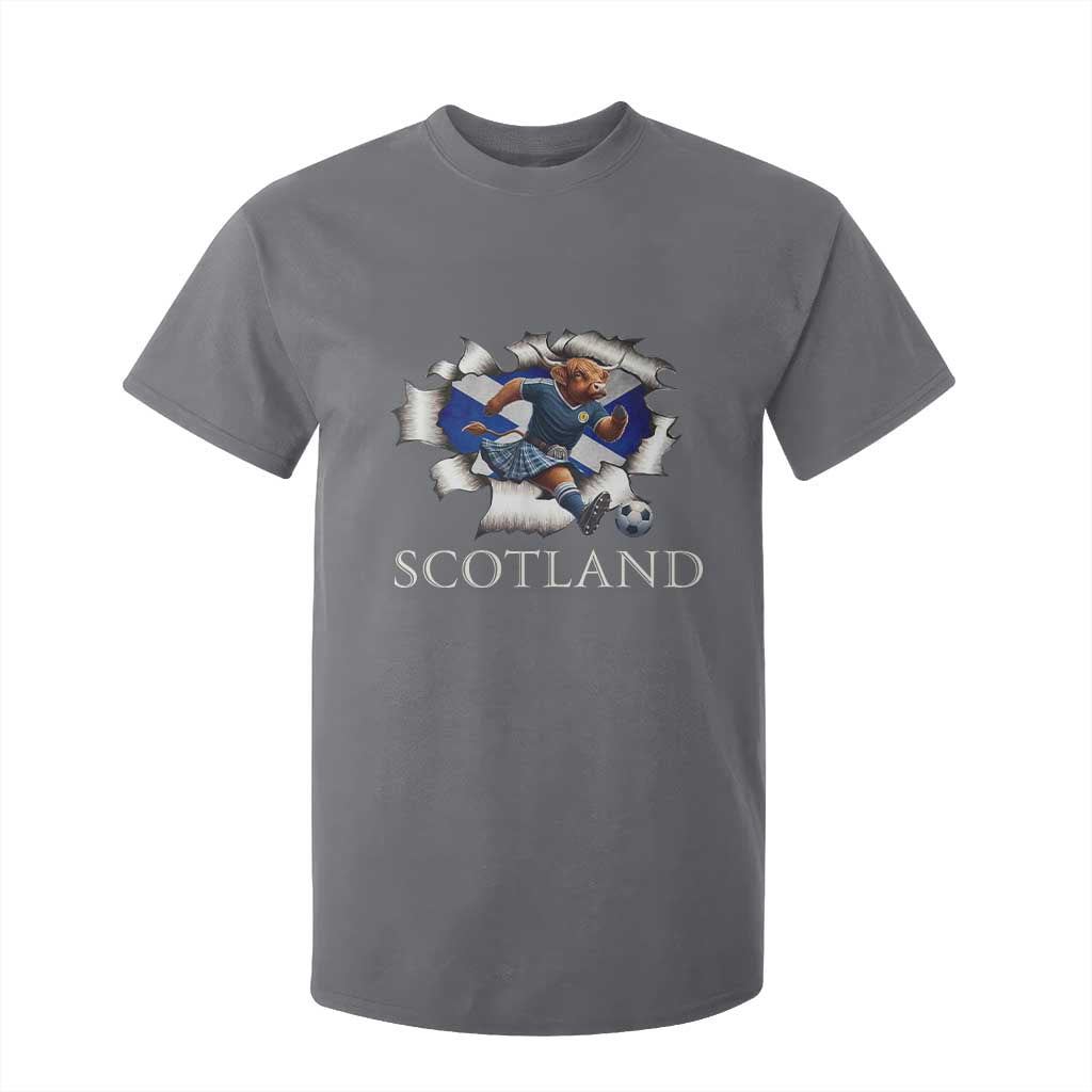 Funny Highland Cow in Kilt Footballer T Shirt For Kid We'll Be Coming Scottish Pride Football Fans TS02 Charcoal Print Your Wear