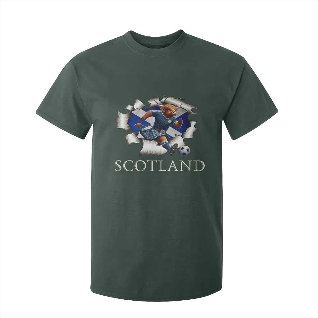 Funny Highland Cow in Kilt Footballer T Shirt For Kid We'll Be Coming Scottish Pride Football Fans TS02 Dark Forest Green Print Your Wear