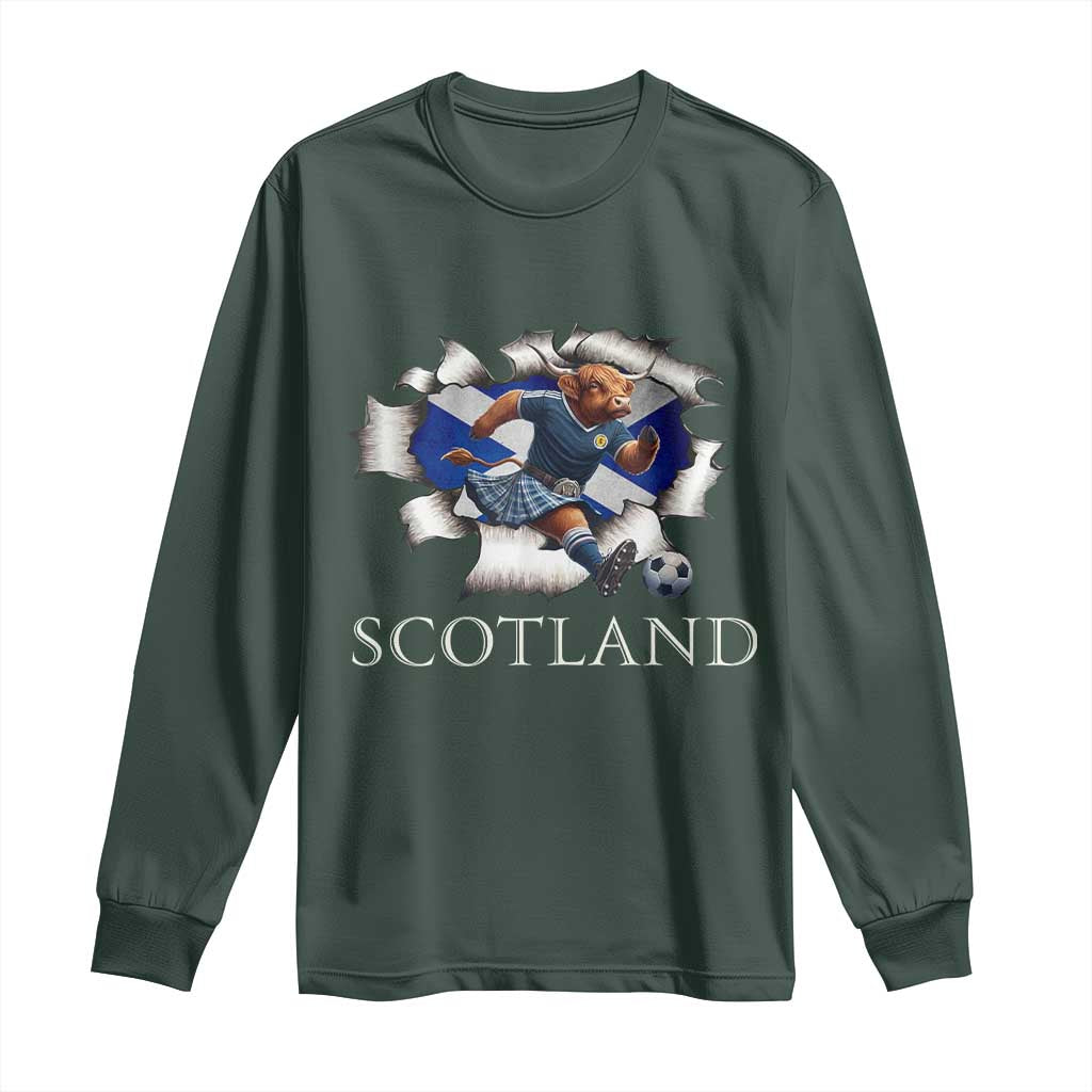 Funny Highland Cow in Kilt Footballer Long Sleeve Shirt We'll Be Coming Scottish Pride Football Fans TS02 Dark Forest Green Print Your Wear