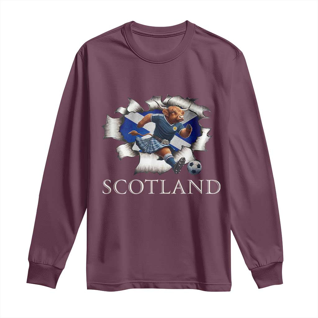 Funny Highland Cow in Kilt Footballer Long Sleeve Shirt We'll Be Coming Scottish Pride Football Fans TS02 Maroon Print Your Wear