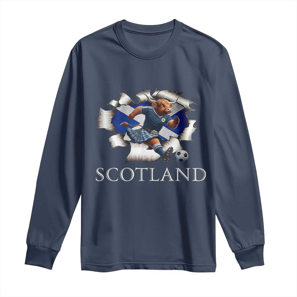 Funny Highland Cow in Kilt Footballer Long Sleeve Shirt We'll Be Coming Scottish Pride Football Fans TS02 Navy Print Your Wear