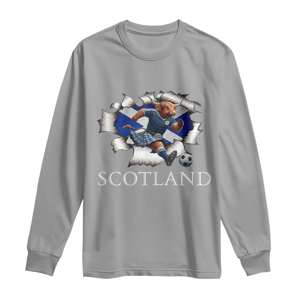 Funny Highland Cow in Kilt Footballer Long Sleeve Shirt We'll Be Coming Scottish Pride Football Fans TS02 Sport Gray Print Your Wear