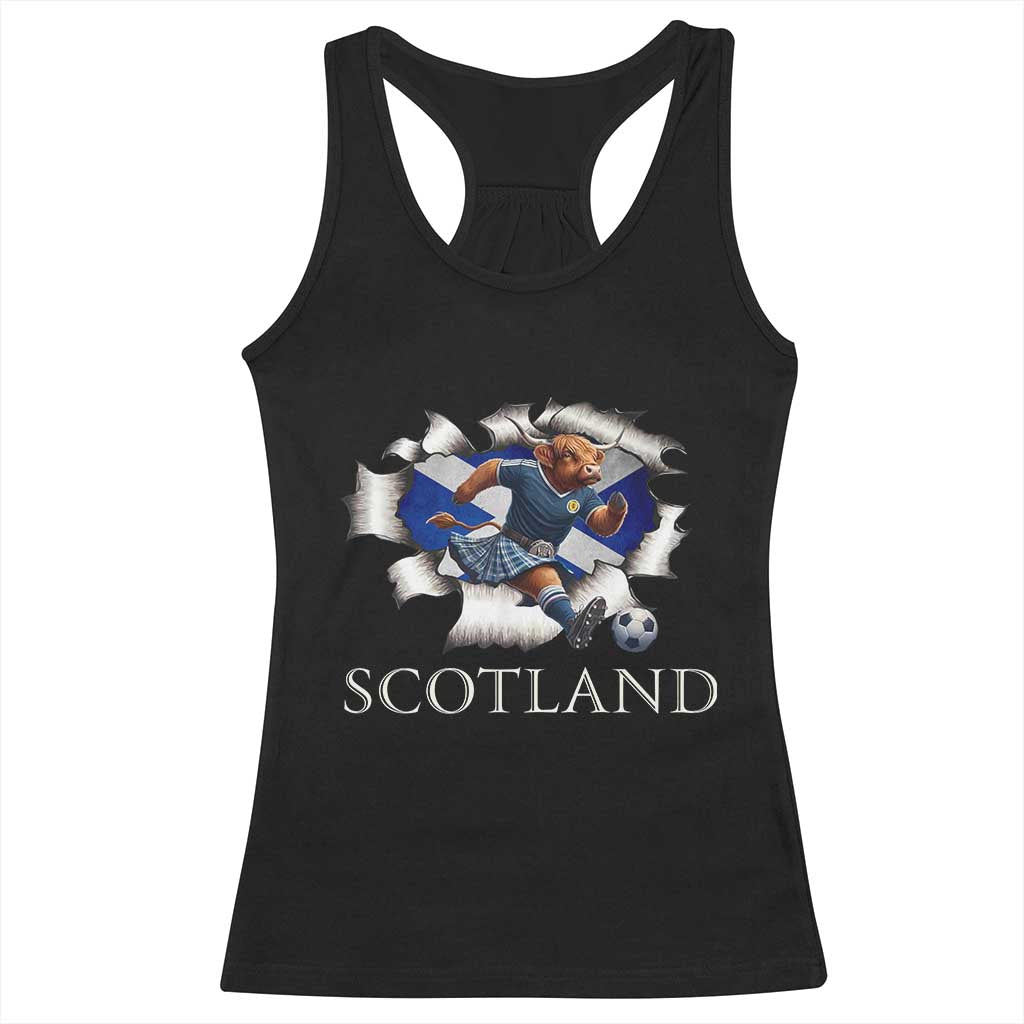 Funny Highland Cow in Kilt Footballer Racerback Tank Top We'll Be Coming Scottish Pride Football Fans TS02 Black Print Your Wear
