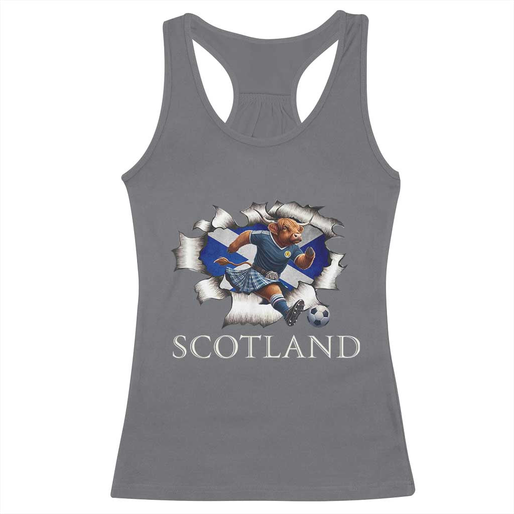 Funny Highland Cow in Kilt Footballer Racerback Tank Top We'll Be Coming Scottish Pride Football Fans TS02 Charcoal Print Your Wear