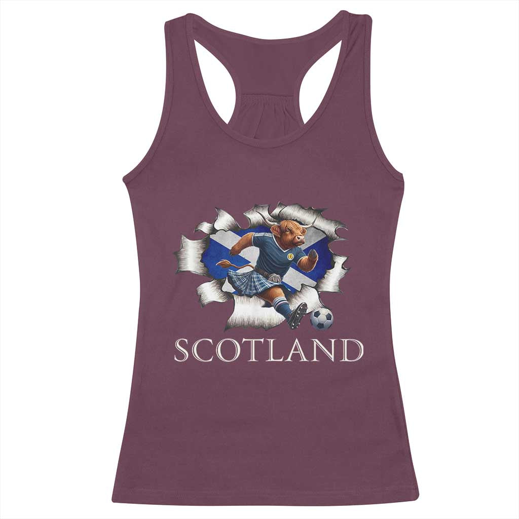 Funny Highland Cow in Kilt Footballer Racerback Tank Top We'll Be Coming Scottish Pride Football Fans TS02 Maroon Print Your Wear