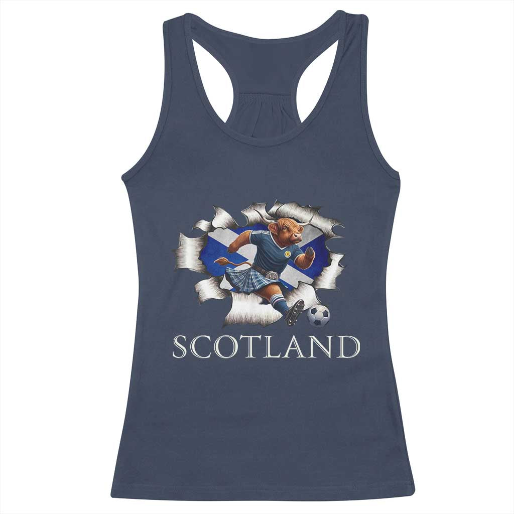 Funny Highland Cow in Kilt Footballer Racerback Tank Top We'll Be Coming Scottish Pride Football Fans TS02 Navy Print Your Wear