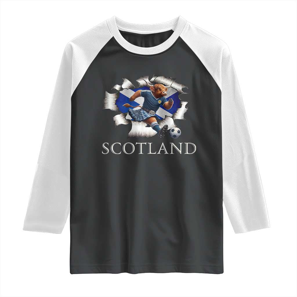 Funny Highland Cow in Kilt Footballer Raglan Shirt We'll Be Coming Scottish Pride Football Fans TS02 Black White Print Your Wear