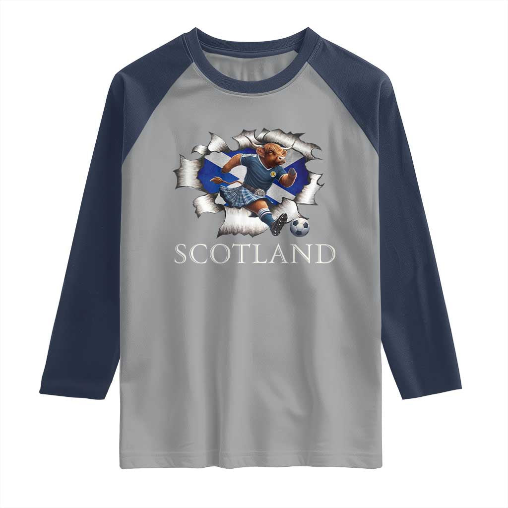 Funny Highland Cow in Kilt Footballer Raglan Shirt We'll Be Coming Scottish Pride Football Fans TS02 Sport Gray Navy Print Your Wear