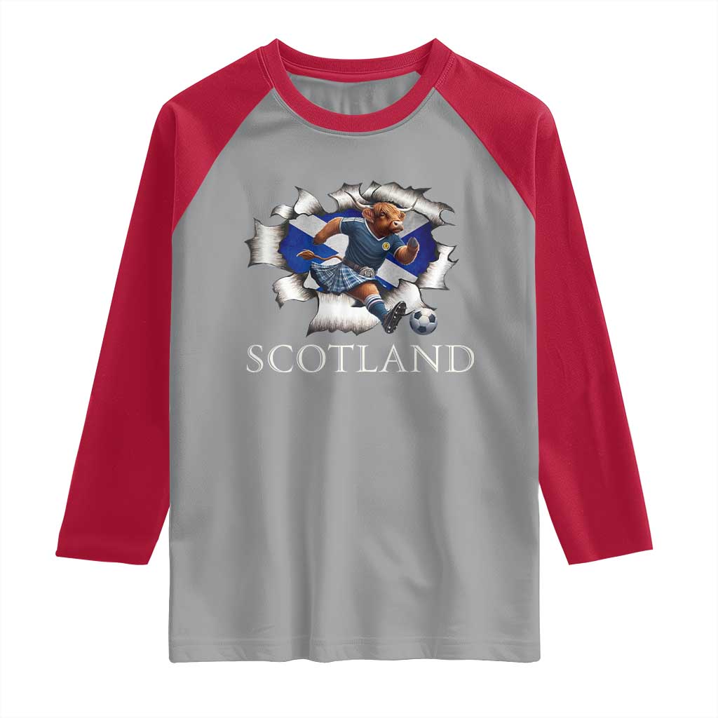Funny Highland Cow in Kilt Footballer Raglan Shirt We'll Be Coming Scottish Pride Football Fans TS02 Sport Gray Red Print Your Wear