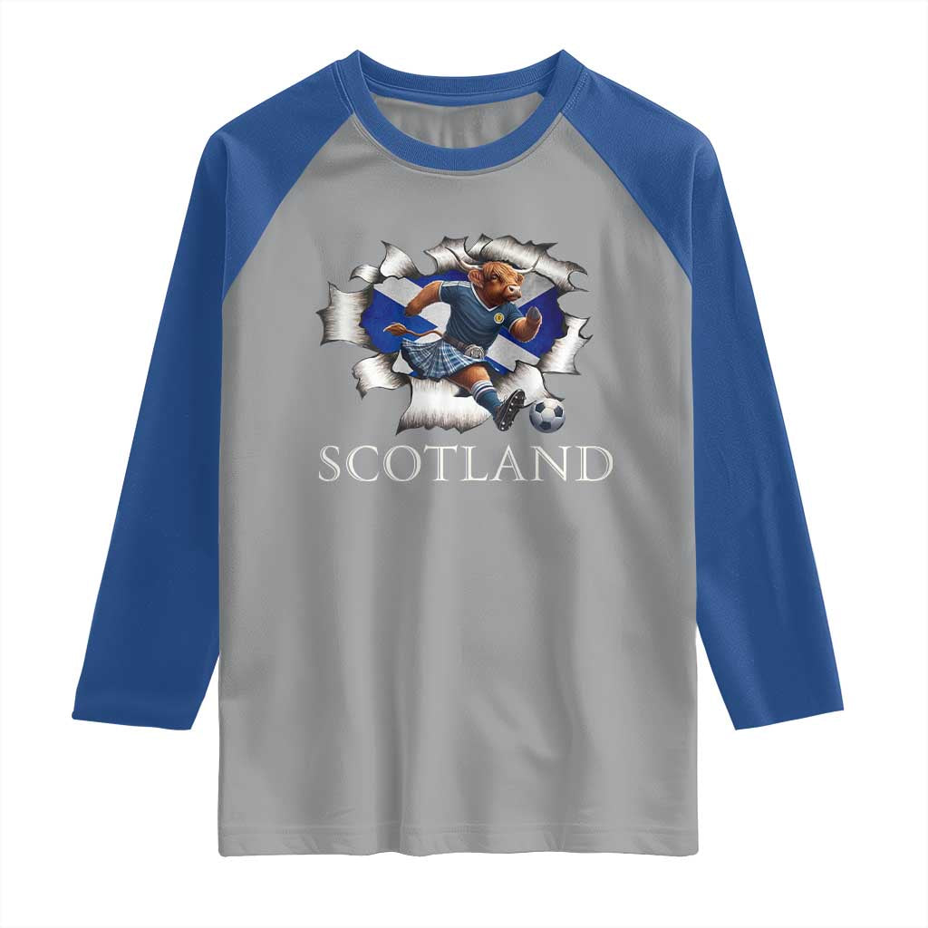 Funny Highland Cow in Kilt Footballer Raglan Shirt We'll Be Coming Scottish Pride Football Fans TS02 Sport Gray Royal Print Your Wear