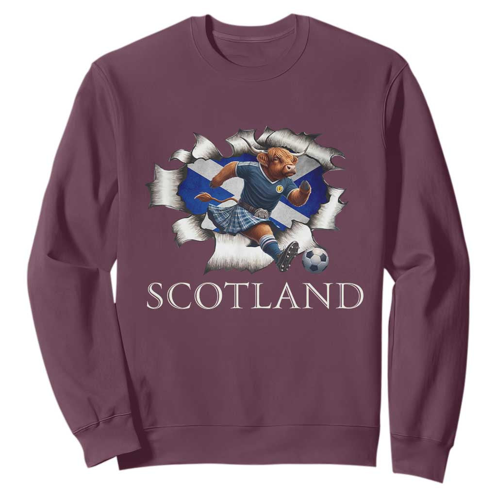 Funny Highland Cow in Kilt Footballer Sweatshirt We'll Be Coming Scottish Pride Football Fans TS02 Maroon Print Your Wear