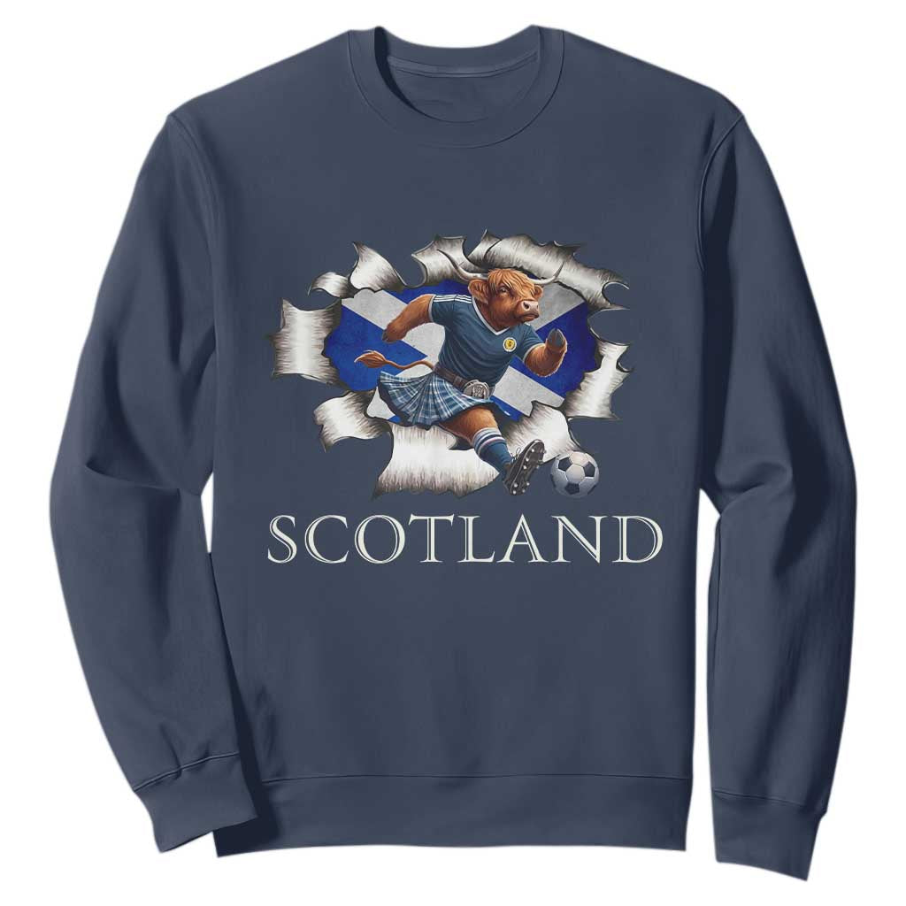 Funny Highland Cow in Kilt Footballer Sweatshirt We'll Be Coming Scottish Pride Football Fans TS02 Navy Print Your Wear