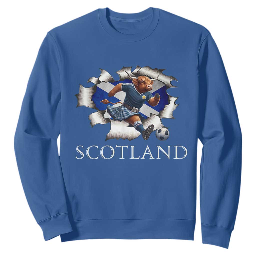 Funny Highland Cow in Kilt Footballer Sweatshirt We'll Be Coming Scottish Pride Football Fans TS02 Royal Blue Print Your Wear