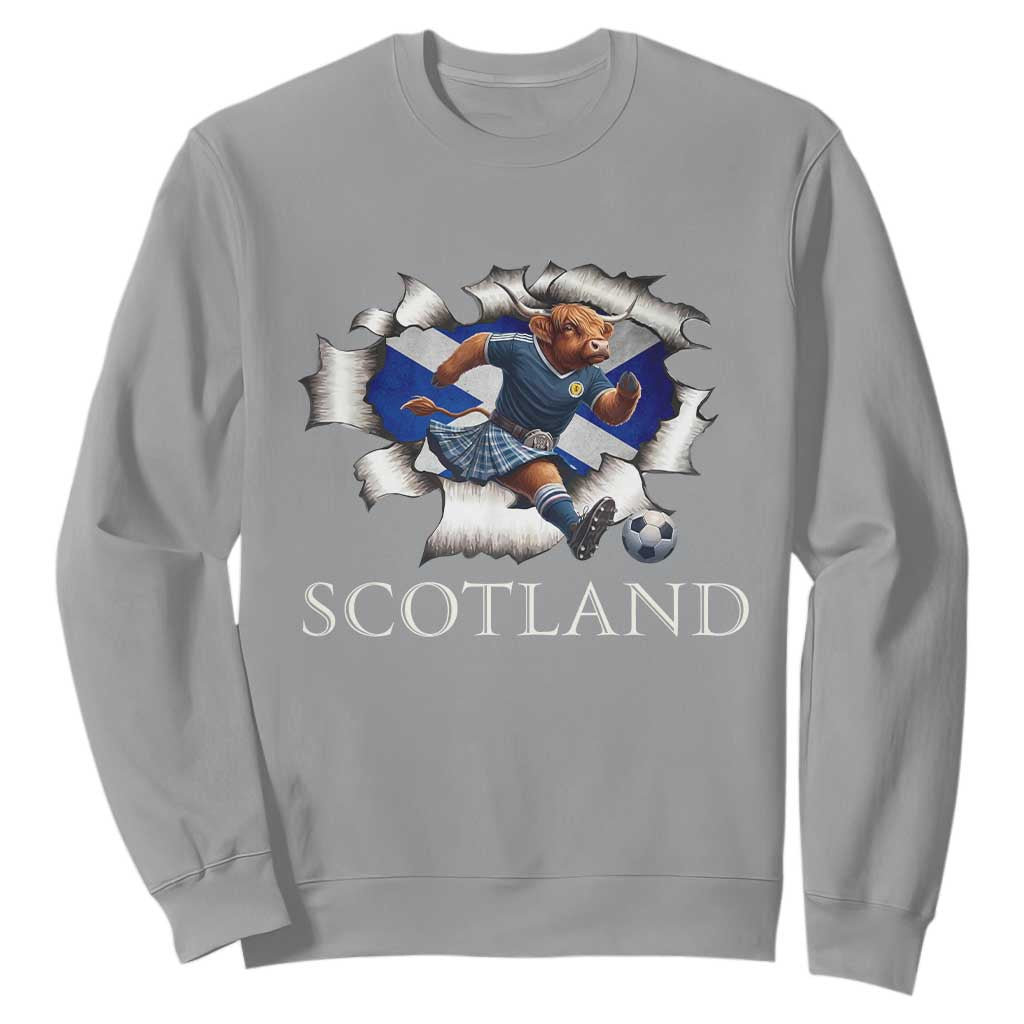 Funny Highland Cow in Kilt Footballer Sweatshirt We'll Be Coming Scottish Pride Football Fans TS02 Sport Gray Print Your Wear