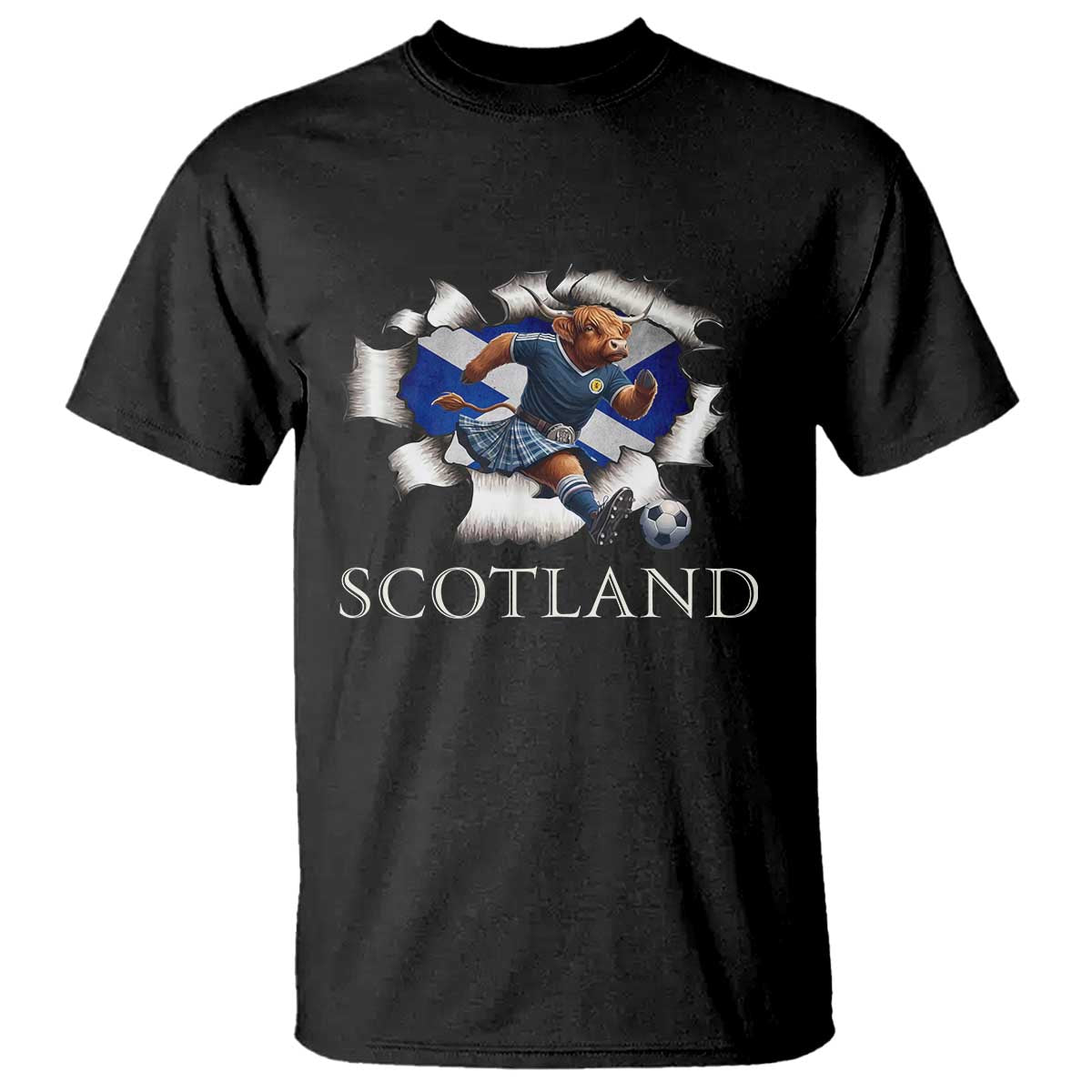 Funny Highland Cow in Kilt Footballer T Shirt We'll Be Coming Scottish Pride Football Fans TS02 Black Print Your Wear