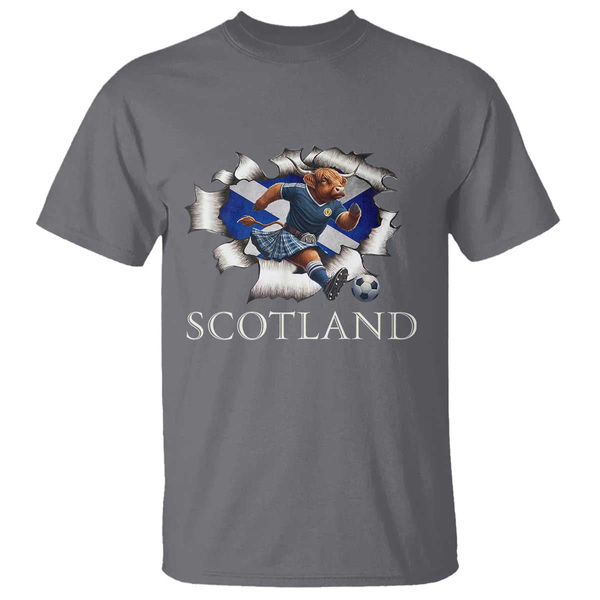 Funny Highland Cow in Kilt Footballer T Shirt We'll Be Coming Scottish Pride Football Fans TS02 Charcoal Print Your Wear