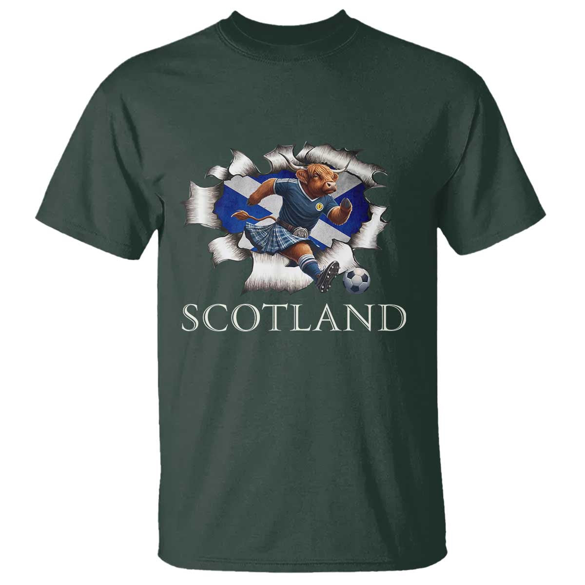 Funny Highland Cow in Kilt Footballer T Shirt We'll Be Coming Scottish Pride Football Fans TS02 Dark Forest Green Print Your Wear
