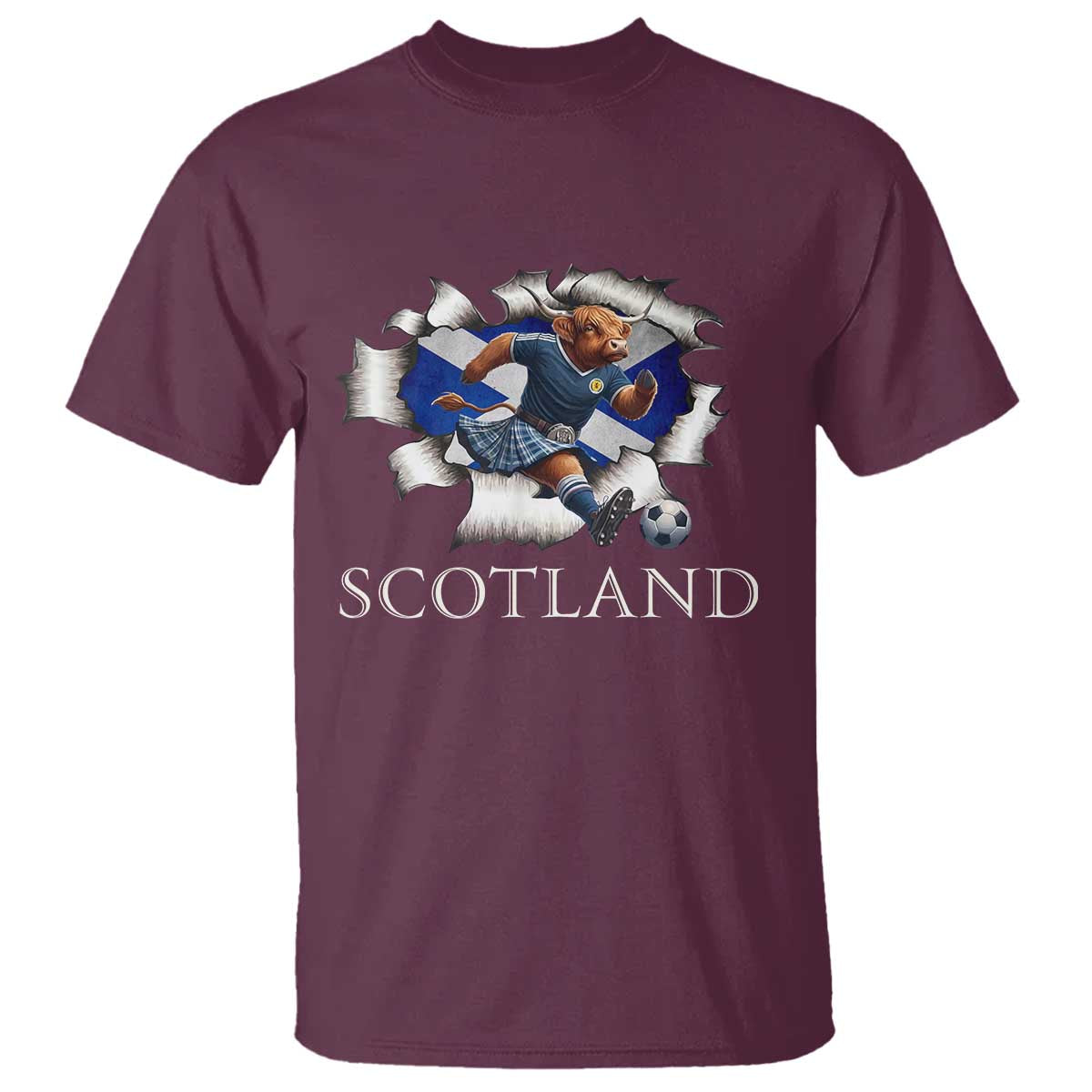 Funny Highland Cow in Kilt Footballer T Shirt We'll Be Coming Scottish Pride Football Fans TS02 Maroon Print Your Wear