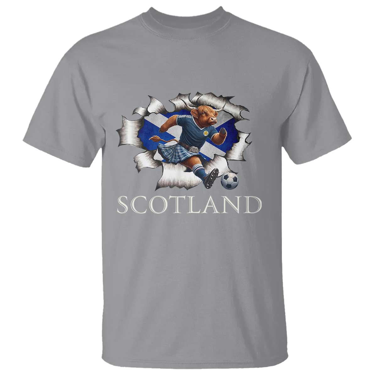 Funny Highland Cow in Kilt Footballer T Shirt We'll Be Coming Scottish Pride Football Fans TS02 Sport Gray Print Your Wear