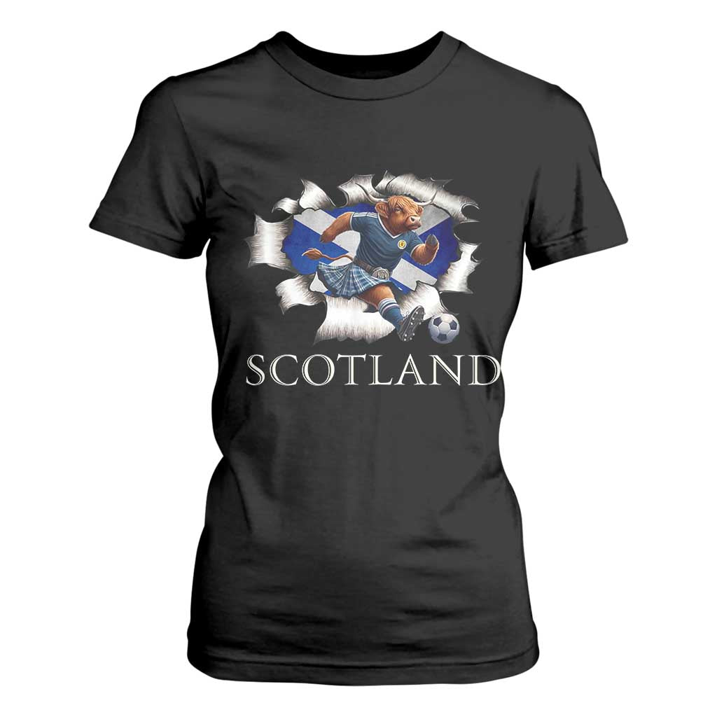 Funny Highland Cow in Kilt Footballer T Shirt For Women We'll Be Coming Scottish Pride Football Fans TS02 Black Print Your Wear