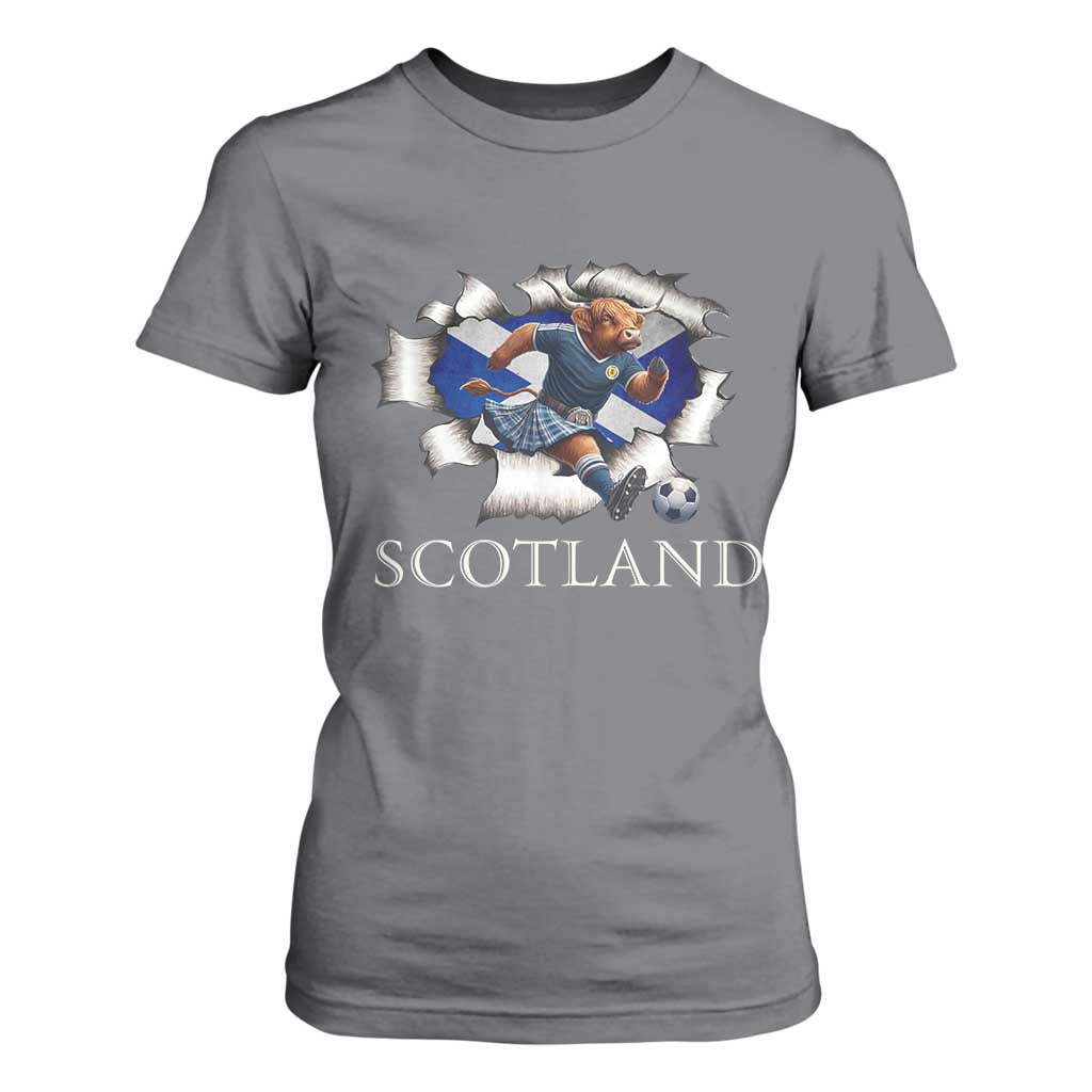 Funny Highland Cow in Kilt Footballer T Shirt For Women We'll Be Coming Scottish Pride Football Fans TS02 Charcoal Print Your Wear