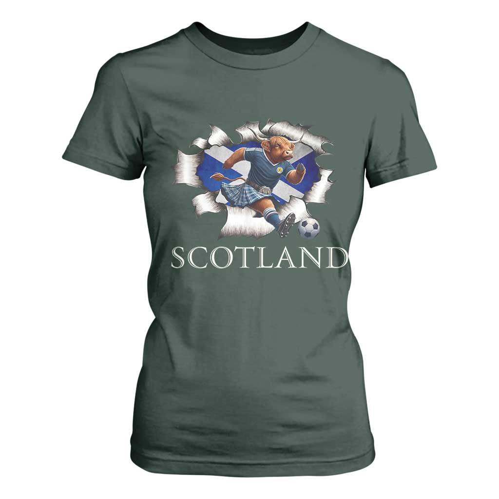 Funny Highland Cow in Kilt Footballer T Shirt For Women We'll Be Coming Scottish Pride Football Fans TS02 Dark Forest Green Print Your Wear