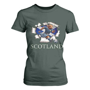 Funny Highland Cow in Kilt Footballer T Shirt For Women We'll Be Coming Scottish Pride Football Fans TS02 Dark Forest Green Print Your Wear