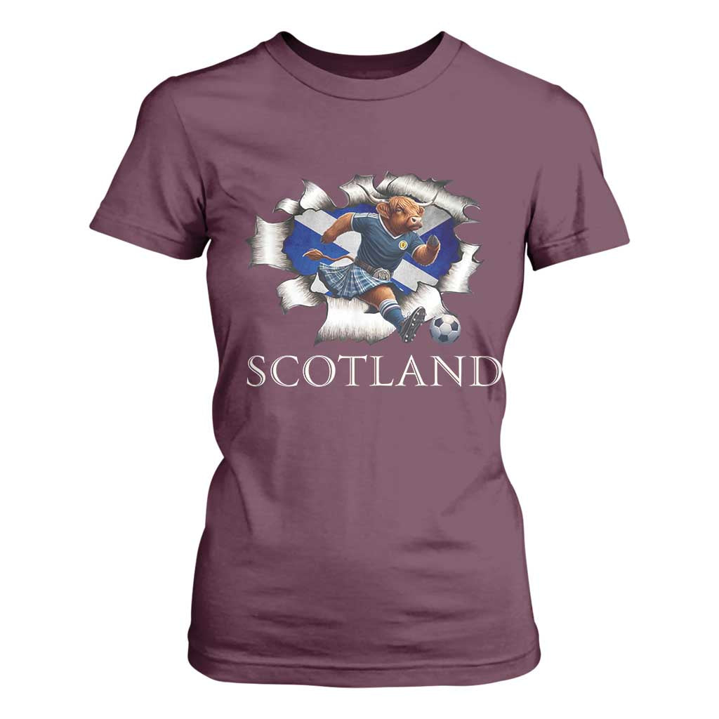 Funny Highland Cow in Kilt Footballer T Shirt For Women We'll Be Coming Scottish Pride Football Fans TS02 Maroon Print Your Wear