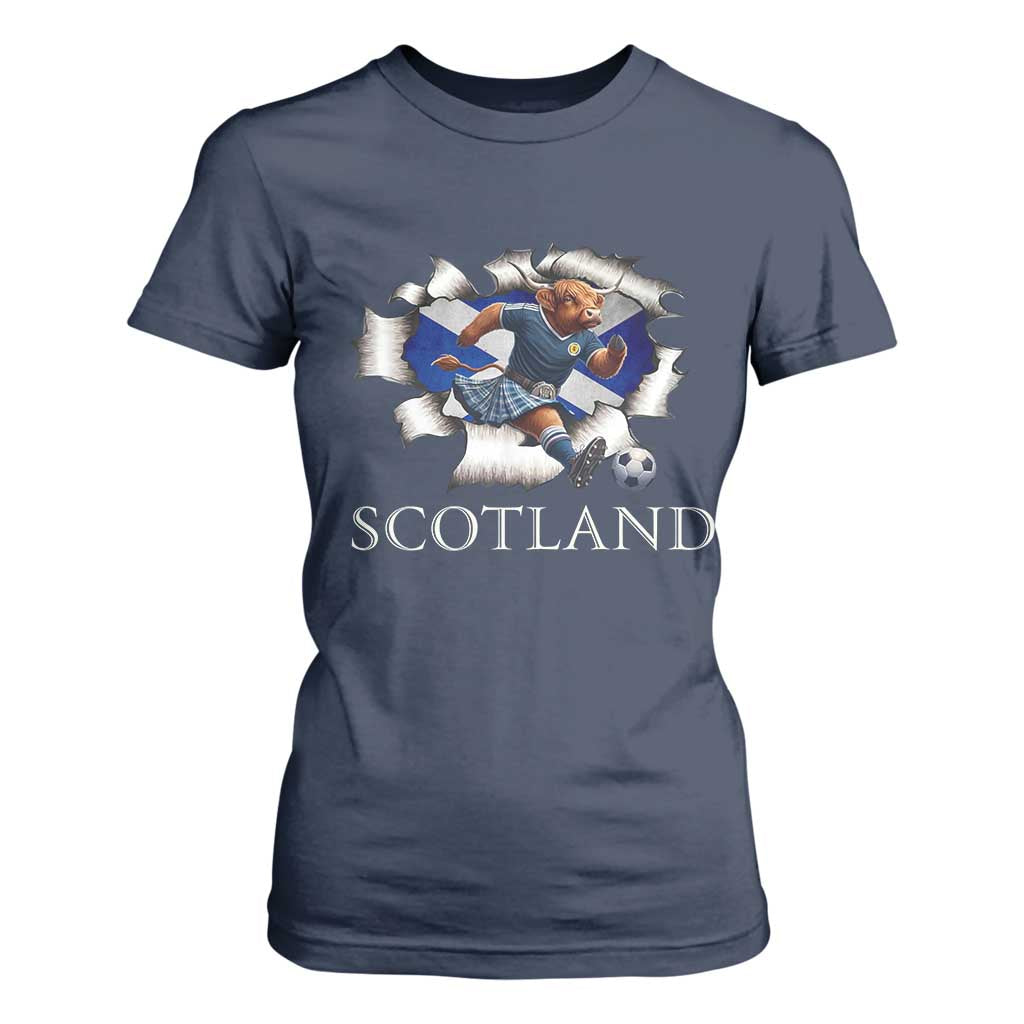 Funny Highland Cow in Kilt Footballer T Shirt For Women We'll Be Coming Scottish Pride Football Fans TS02 Navy Print Your Wear