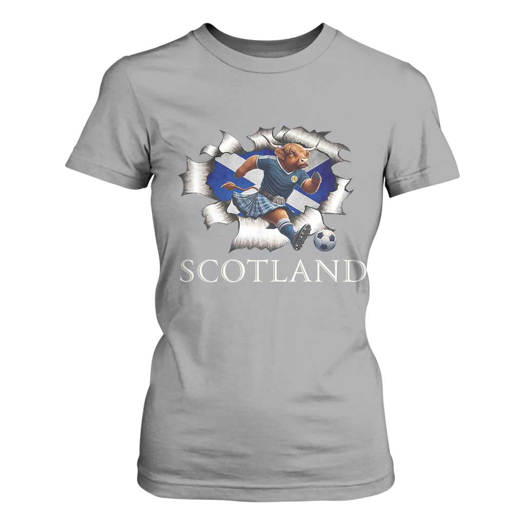 Funny Highland Cow in Kilt Footballer T Shirt For Women We'll Be Coming Scottish Pride Football Fans TS02 Sport Gray Print Your Wear