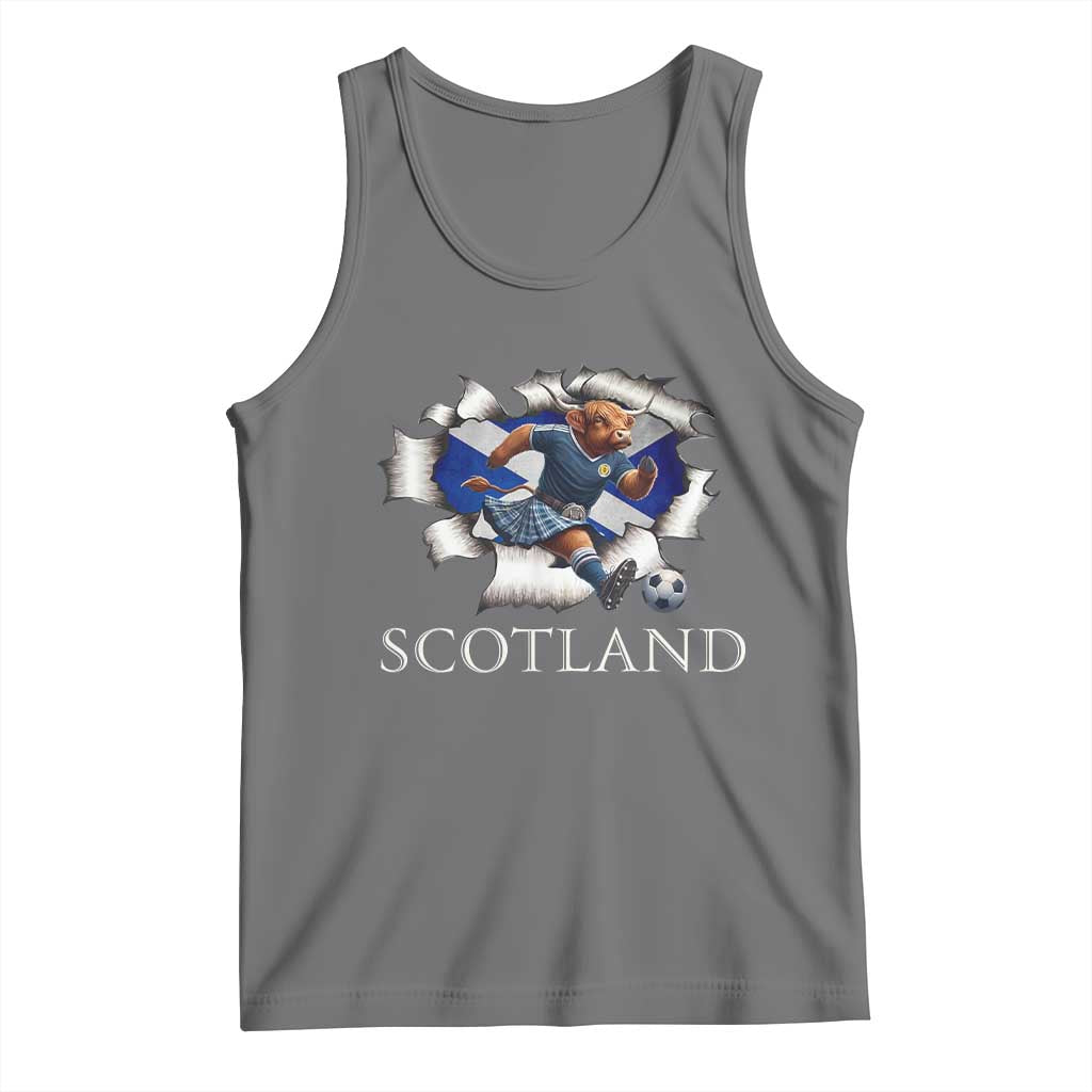 Funny Highland Cow in Kilt Footballer Tank Top We'll Be Coming Scottish Pride Football Fans TS02 Black Heather Print Your Wear