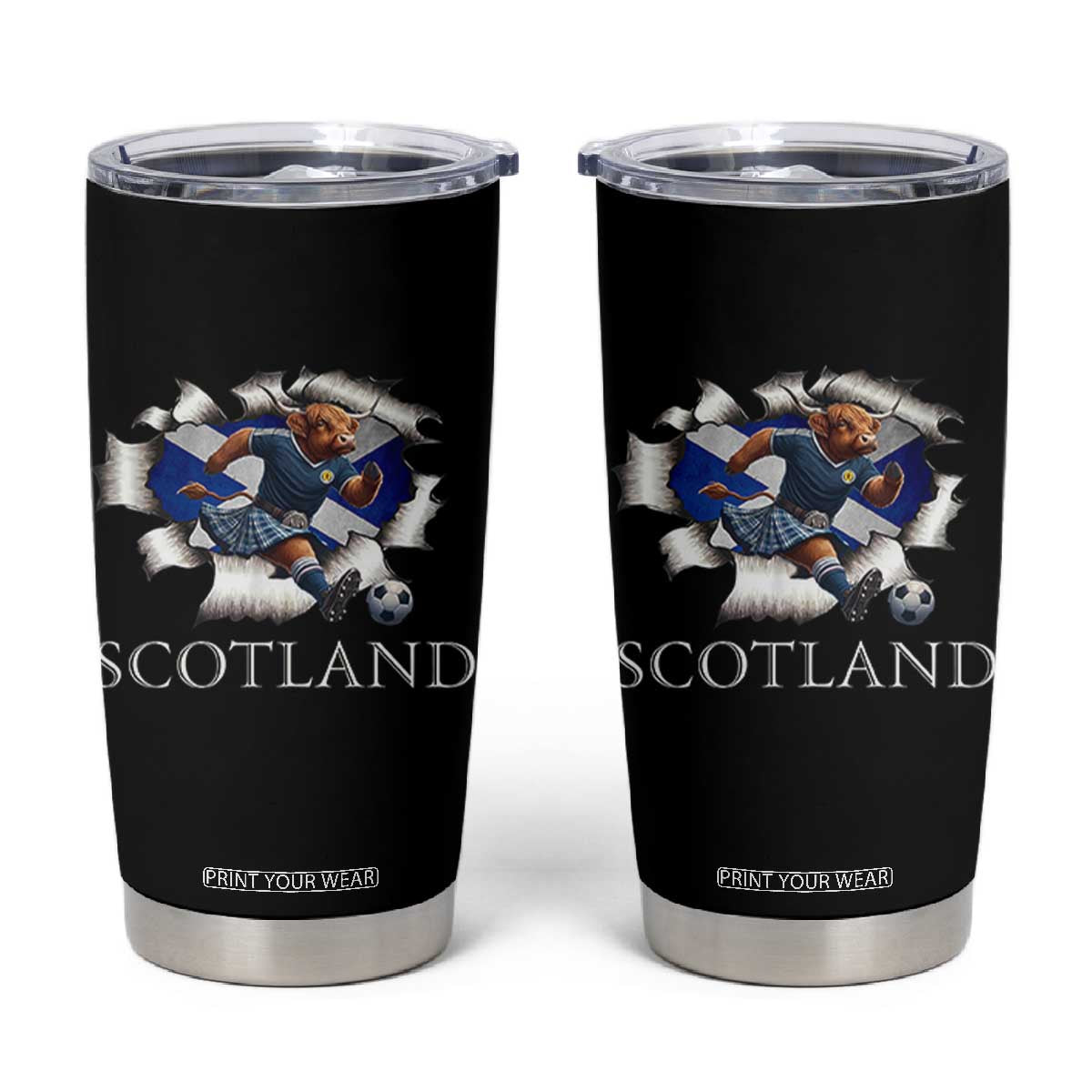 Funny Highland Cow in Kilt Footballer Tumbler Cup We'll Be Coming Scottish Pride Football Fans TS02 Black Print Your Wear