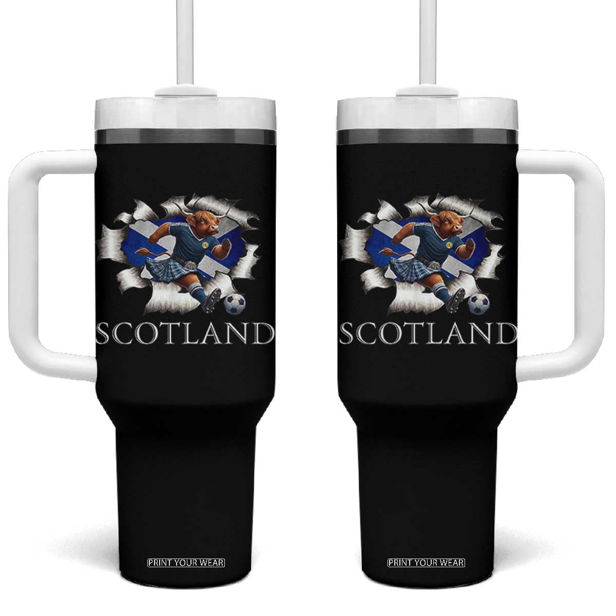 Funny Highland Cow in Kilt Footballer Tumbler With Handle We'll Be Coming Scottish Pride Football Fans TS02 One Size: 40 oz Black Print Your Wear