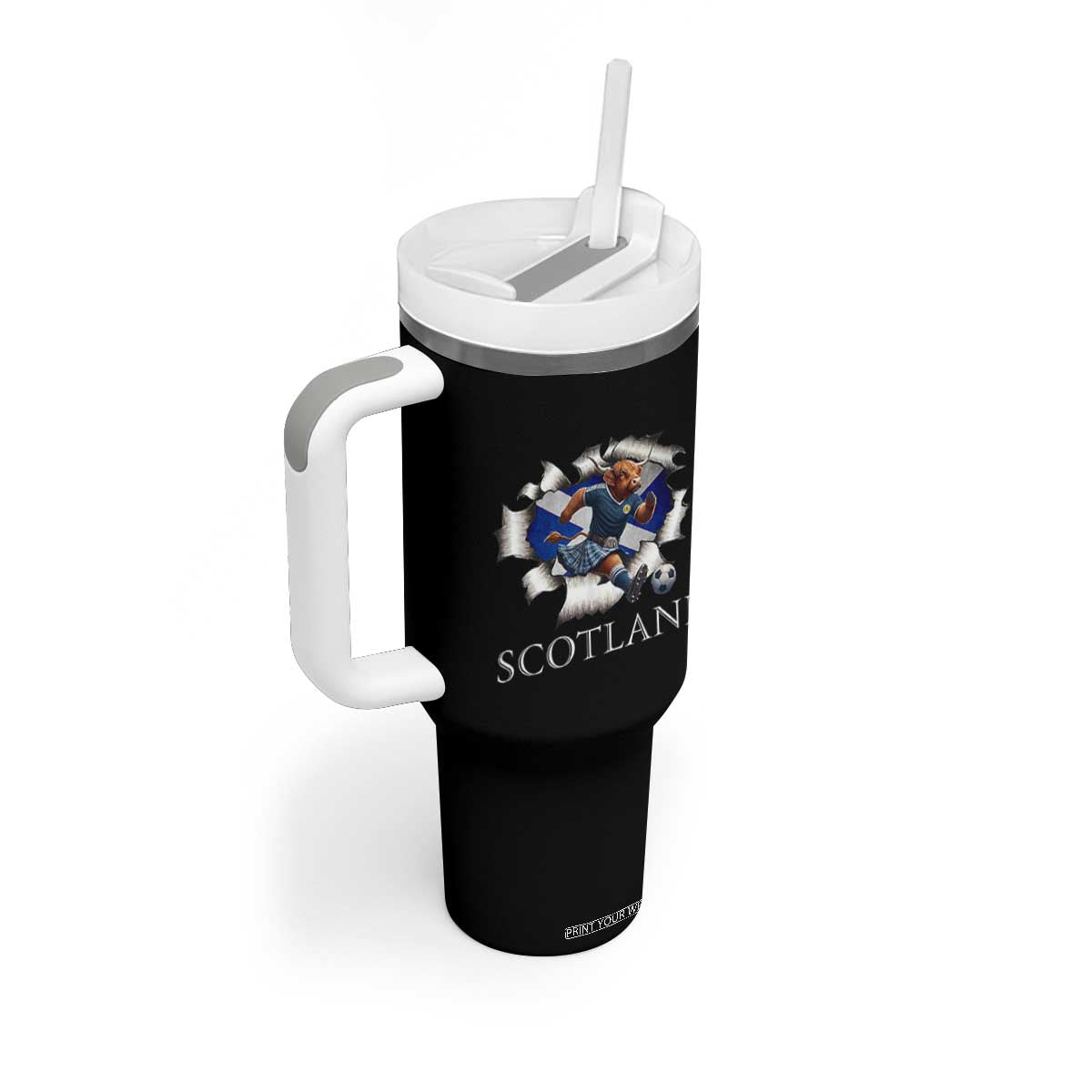 Funny Highland Cow in Kilt Footballer Tumbler With Handle We'll Be Coming Scottish Pride Football Fans TS02 Print Your Wear