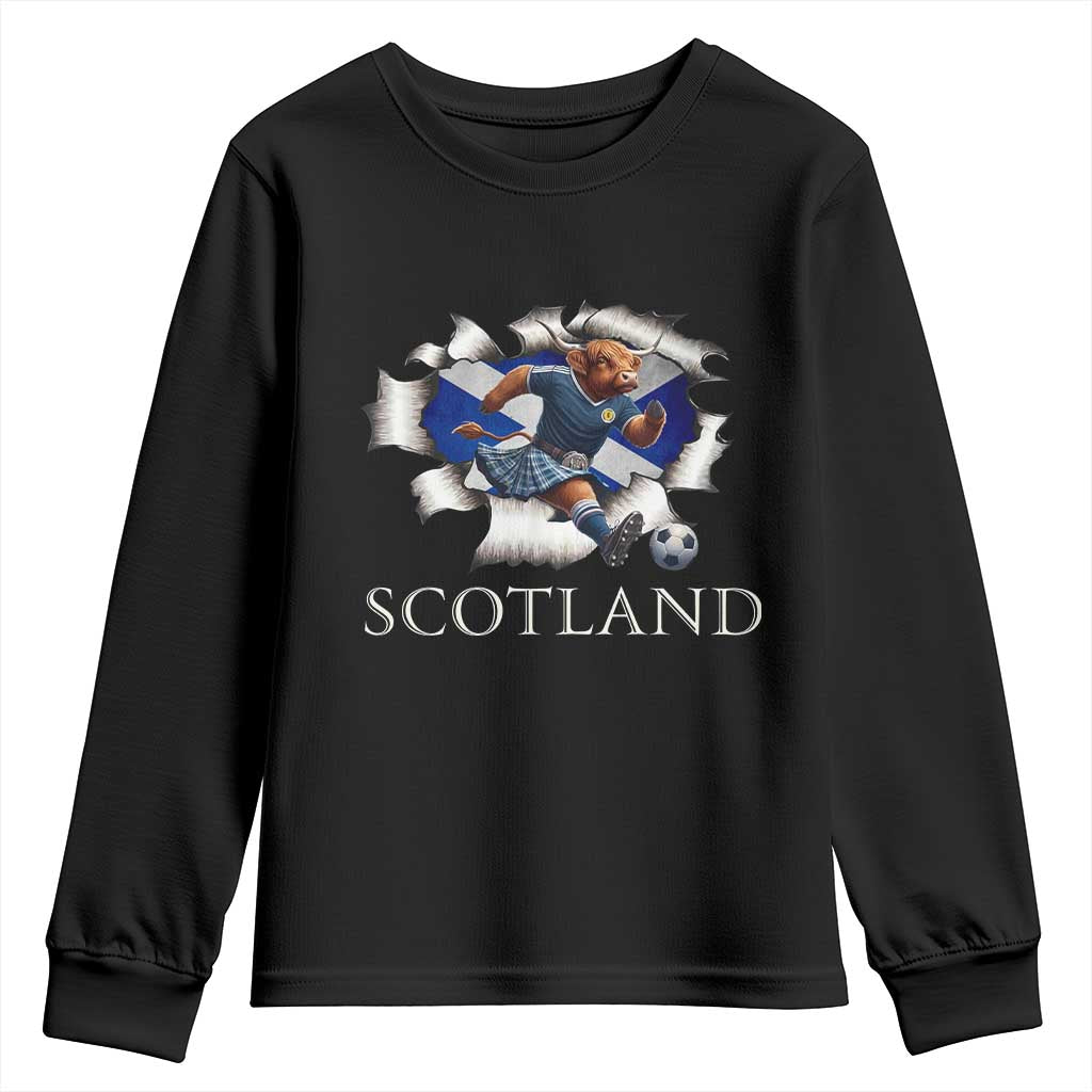 Funny Highland Cow in Kilt Footballer Youth Sweatshirt We'll Be Coming Scottish Pride Football Fans TS02 Black Print Your Wear