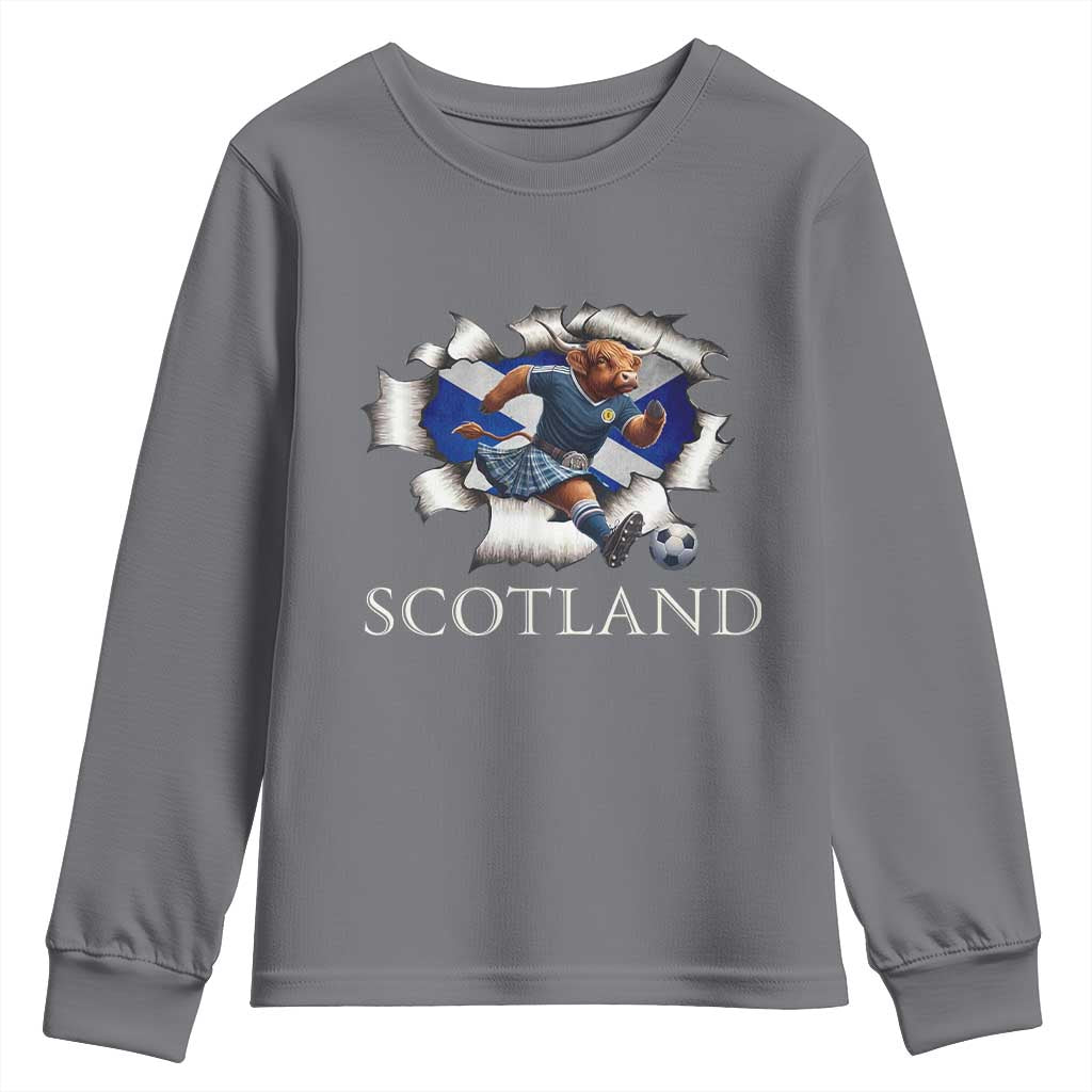 Funny Highland Cow in Kilt Footballer Youth Sweatshirt We'll Be Coming Scottish Pride Football Fans TS02 Charcoal Print Your Wear