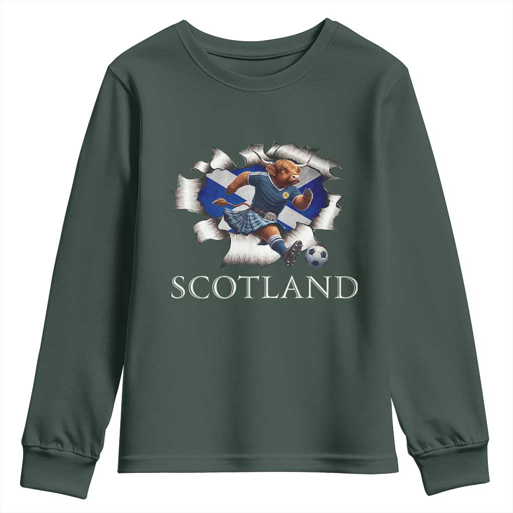 Funny Highland Cow in Kilt Footballer Youth Sweatshirt We'll Be Coming Scottish Pride Football Fans TS02 Dark Forest Green Print Your Wear