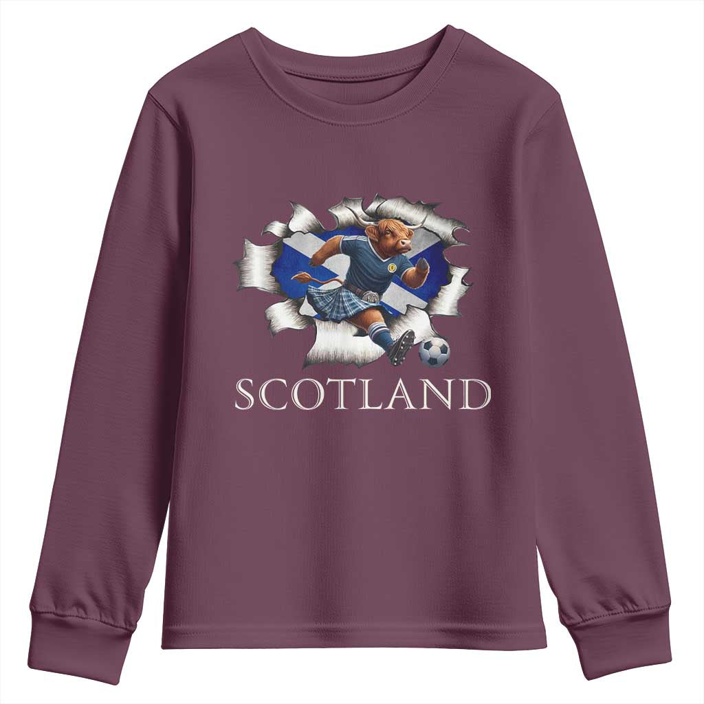 Funny Highland Cow in Kilt Footballer Youth Sweatshirt We'll Be Coming Scottish Pride Football Fans TS02 Maroon Print Your Wear