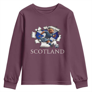 Funny Highland Cow in Kilt Footballer Youth Sweatshirt We'll Be Coming Scottish Pride Football Fans TS02 Maroon Print Your Wear