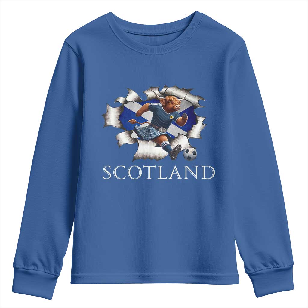 Funny Highland Cow in Kilt Footballer Youth Sweatshirt We'll Be Coming Scottish Pride Football Fans TS02 Royal Blue Print Your Wear
